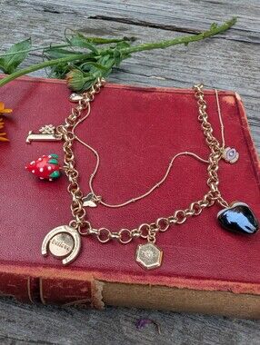 Gold-Tone Charm Necklace with Red Strawberry and Glass Heart
